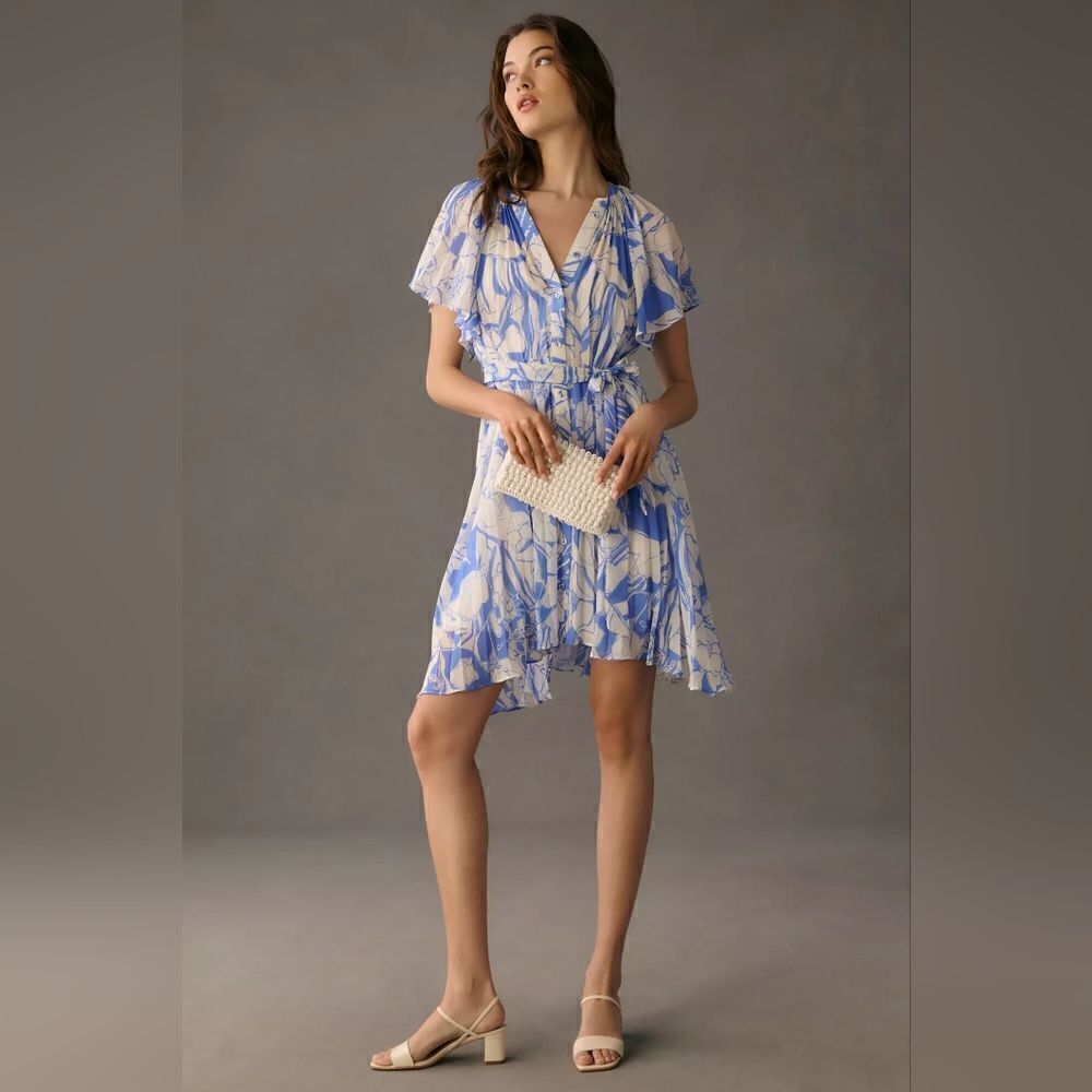 Anthropologie V-Neck Ruffle-Sleeve Pleated Dress In Blue Motif Size Small NWT
